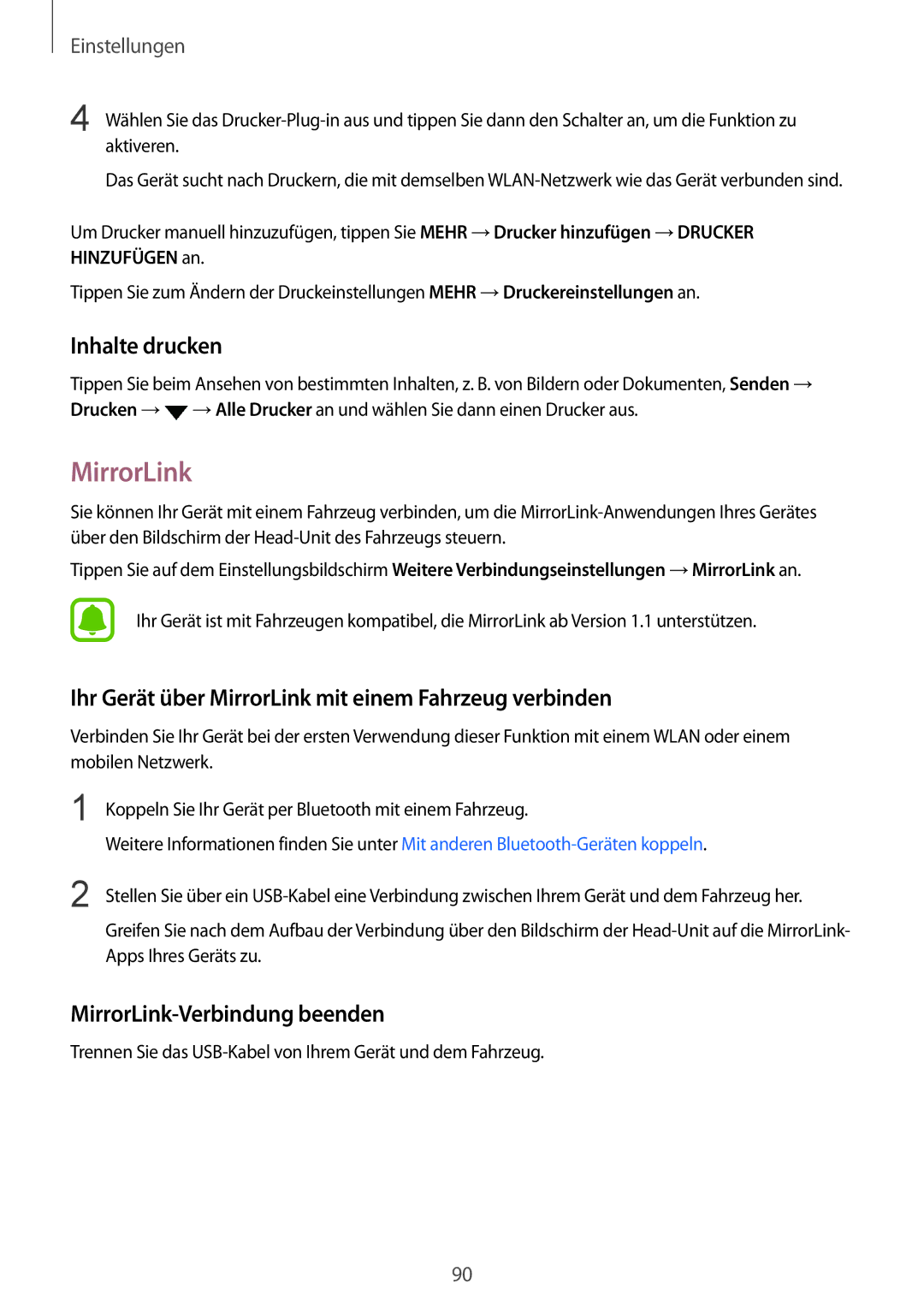 Samsung SM-A510FZKADBT, SM-A510FZDADBT manual Inhalte drucken, Ihr Gerät über MirrorLink mit einem Fahrzeug verbinden 