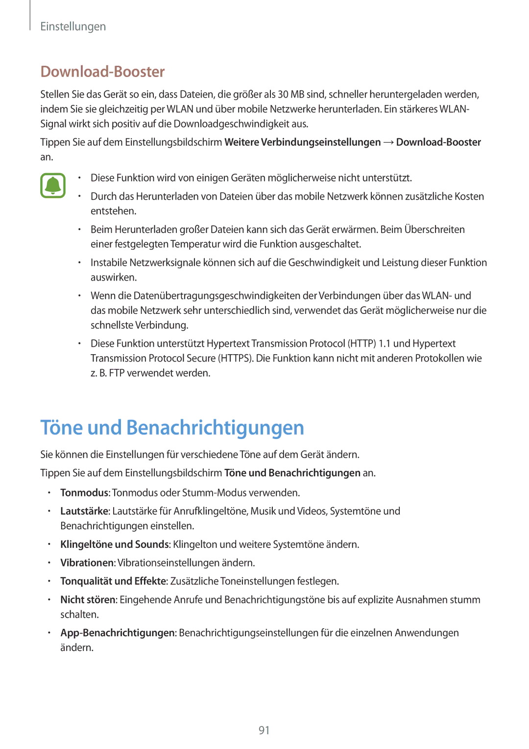 Samsung SM-A510FEDADBT, SM-A510FZDADBT, SM-A510FZWADBT, SM-A510FZKADBT manual Töne und Benachrichtigungen, Download-Booster 