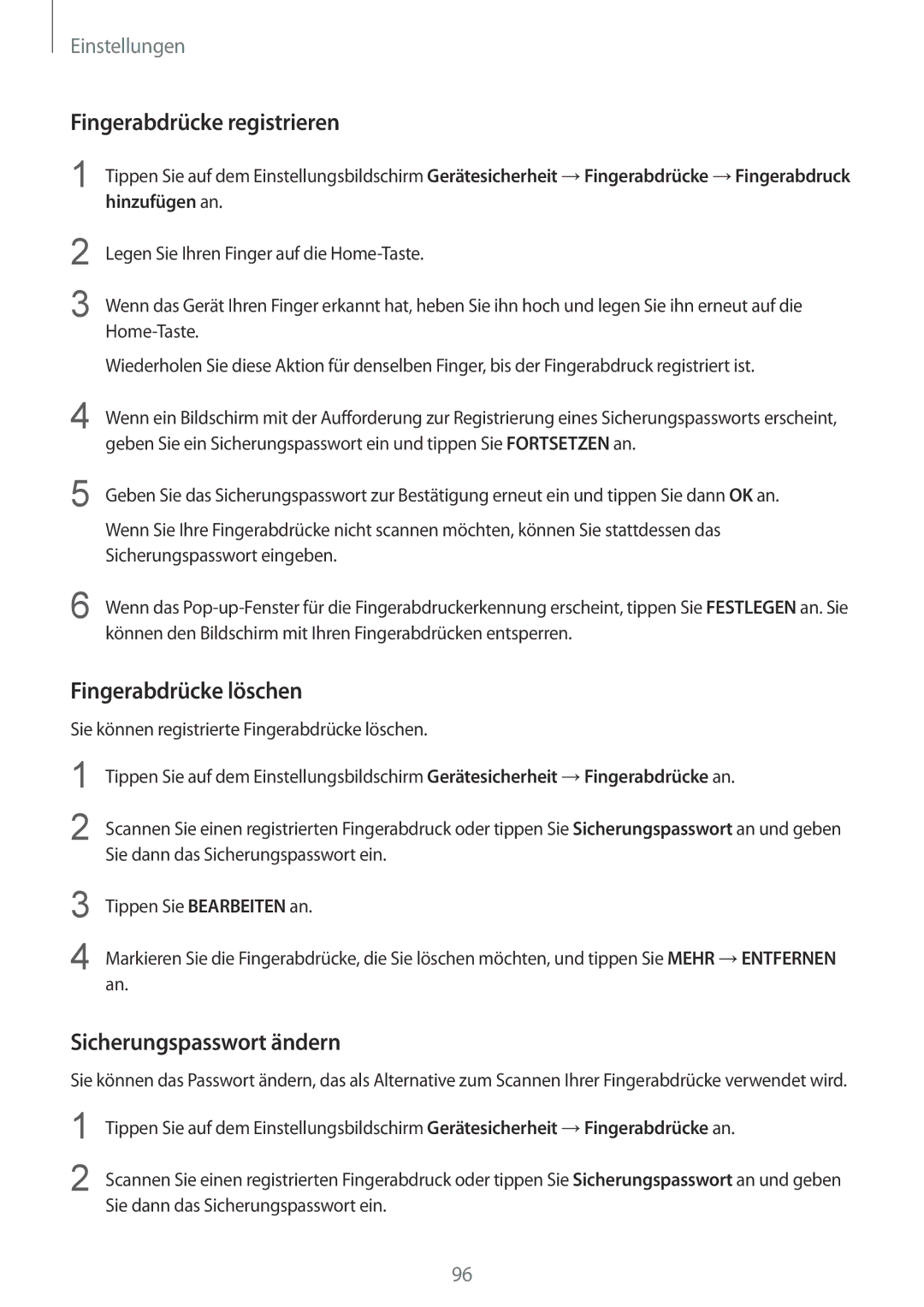 Samsung SM-A510FZDADBT, SM-A510FZWADBT manual Fingerabdrücke registrieren, Fingerabdrücke löschen, Sicherungspasswort ändern 