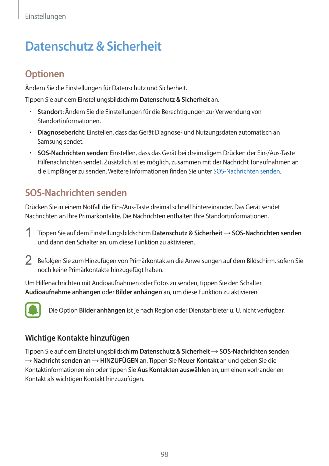 Samsung SM-A510FZKADBT, SM-A510FZDADBT manual Datenschutz & Sicherheit, SOS-Nachrichten senden, Wichtige Kontakte hinzufügen 