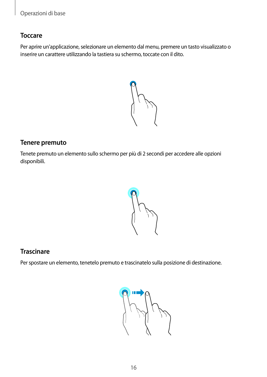 Samsung SM-A510FZWAITV, SM-A510FZDAITV, SM-A510FZKAITV manual Toccare, Tenere premuto, Trascinare 