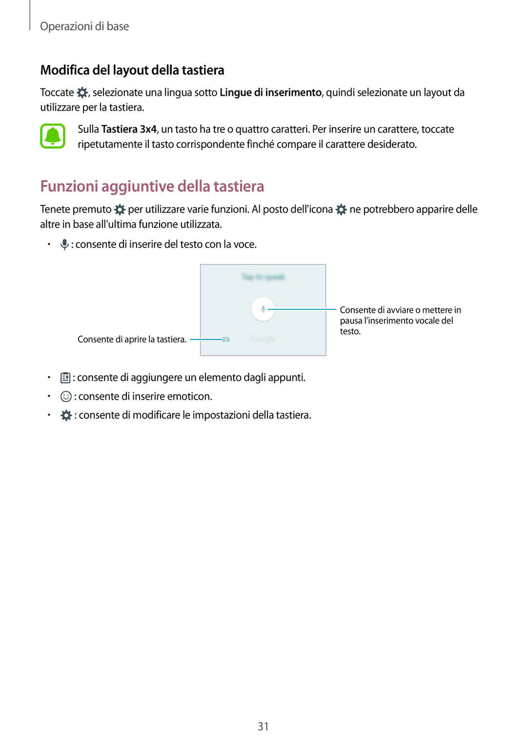 Samsung SM-A510FZWAITV, SM-A510FZDAITV manual Funzioni aggiuntive della tastiera, Modifica del layout della tastiera 