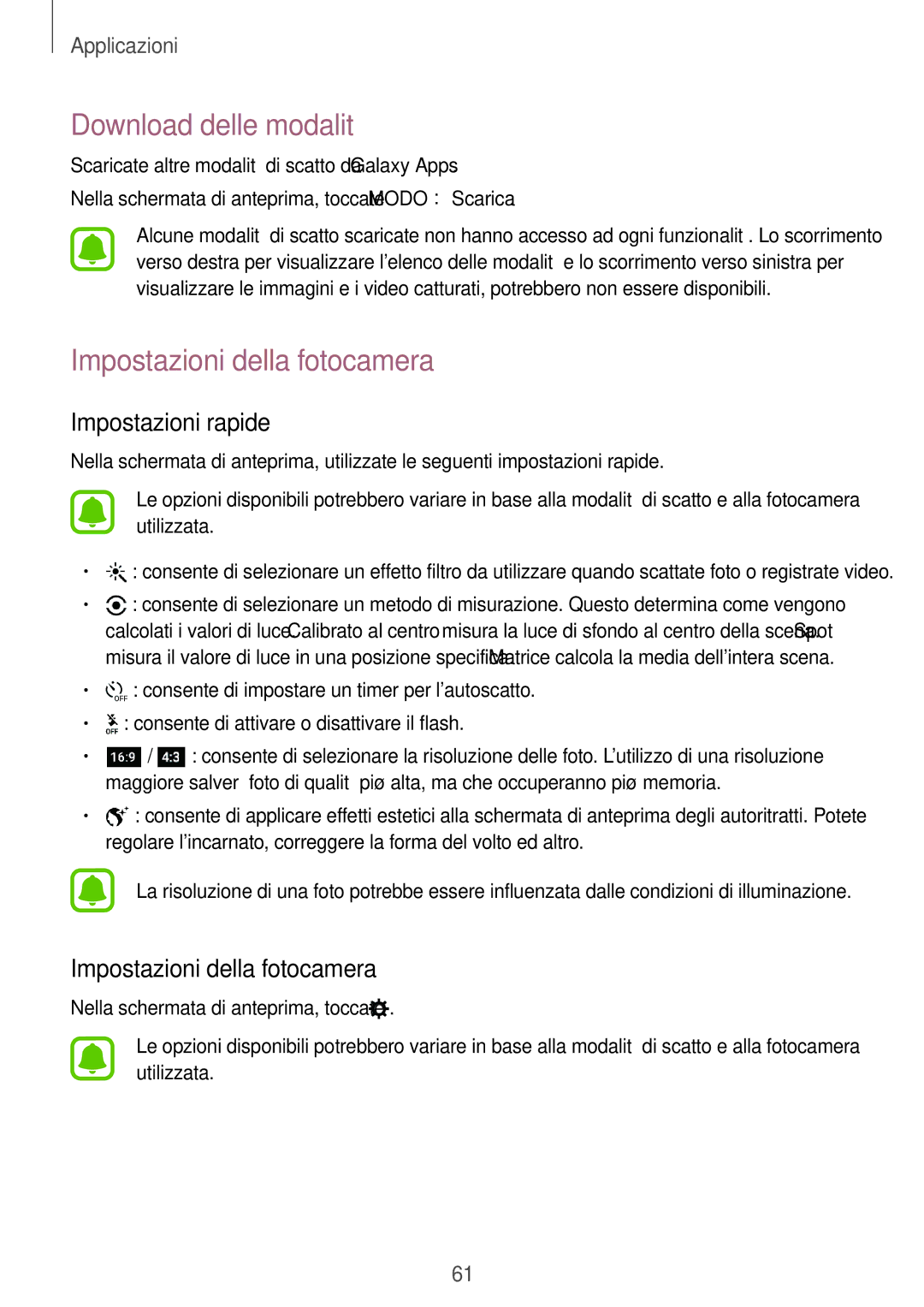 Samsung SM-A510FZWAITV, SM-A510FZDAITV manual Download delle modalità, Impostazioni della fotocamera, Impostazioni rapide 