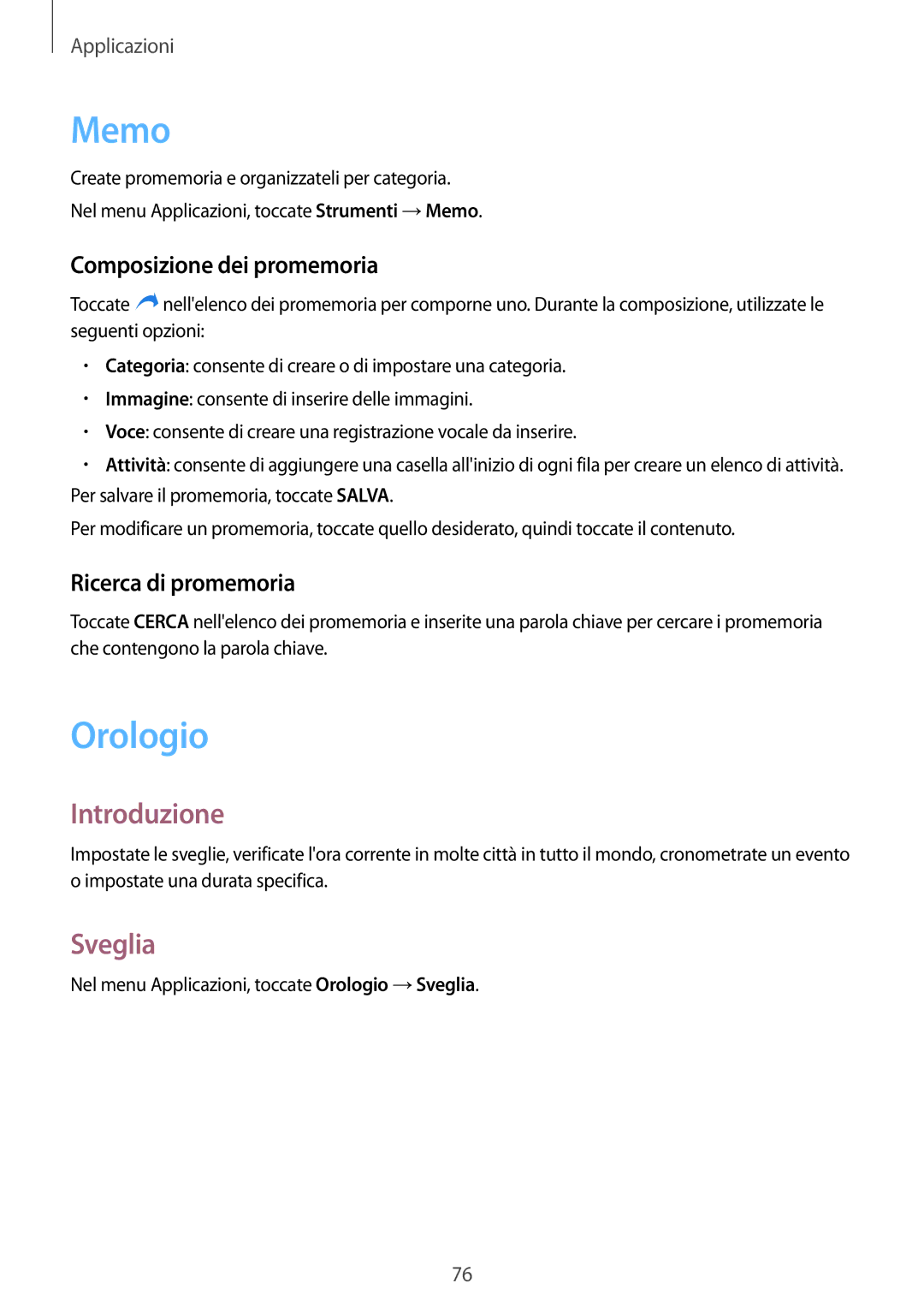 Samsung SM-A510FZWAITV, SM-A510FZDAITV manual Memo, Orologio, Sveglia, Composizione dei promemoria, Ricerca di promemoria 