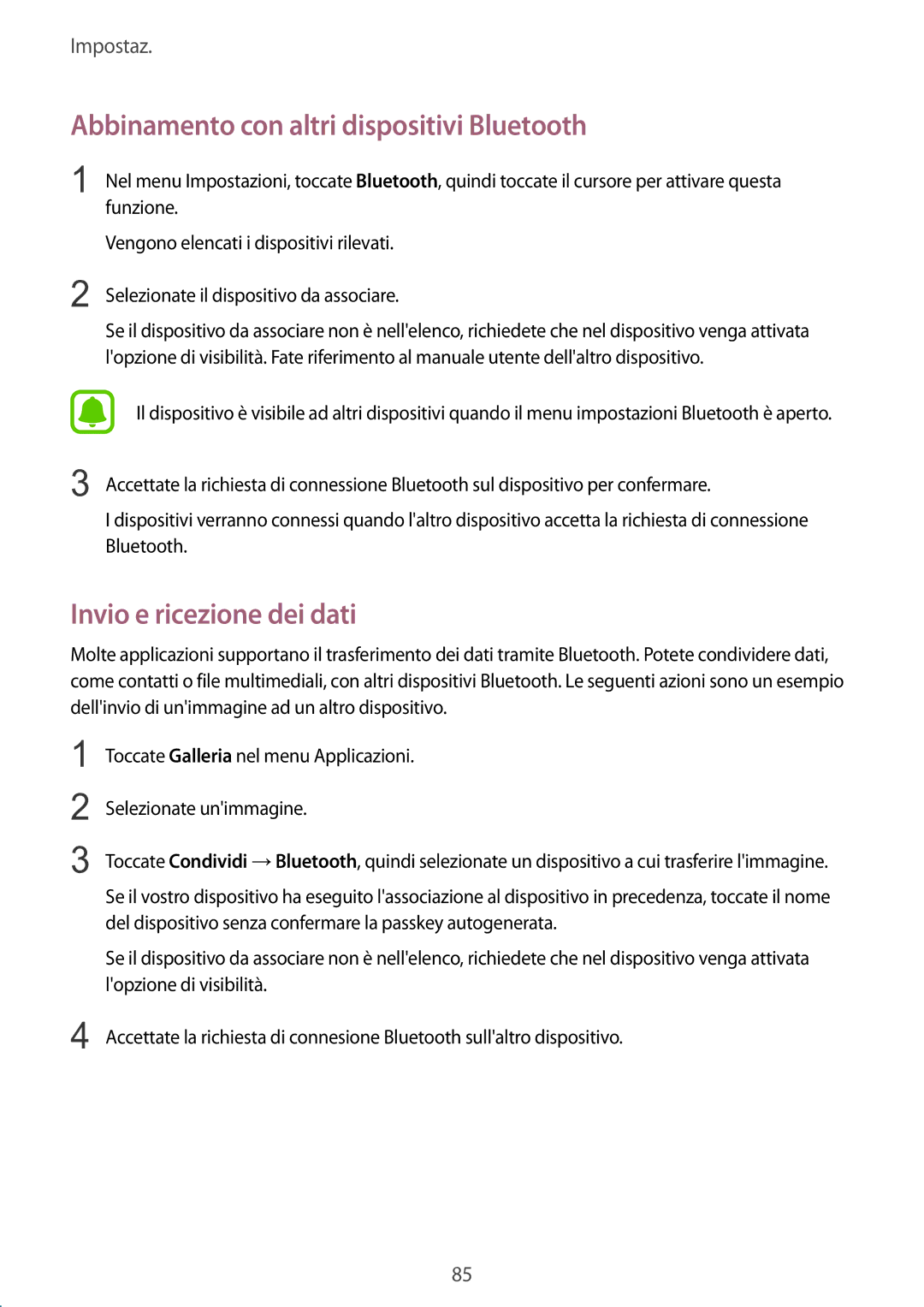 Samsung SM-A510FZWAITV, SM-A510FZDAITV manual Abbinamento con altri dispositivi Bluetooth, Invio e ricezione dei dati 