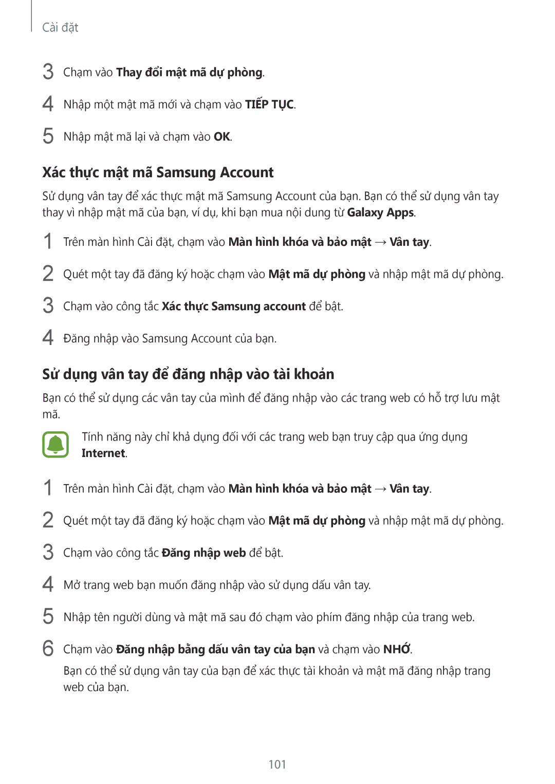 Samsung SM-A510FEDFXXV, SM-A510FZDFXXV manual Xác thực mật mã Samsung Account, Sử dụng vân tay để đăng nhập vào tài khoản 