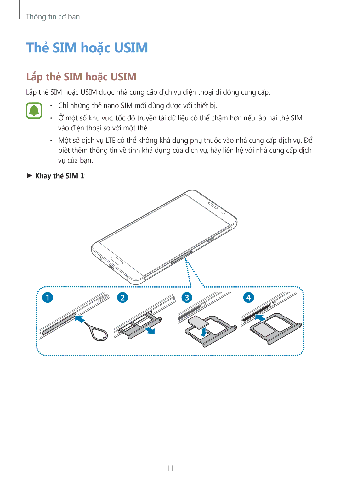 Samsung SM-A510FEDFXXV, SM-A510FZDFXXV, SM-A510FZKFXXV manual Thẻ SIM hoặc Usim, Lắp thẻ SIM hoặc Usim, Khay thẻ SIM 