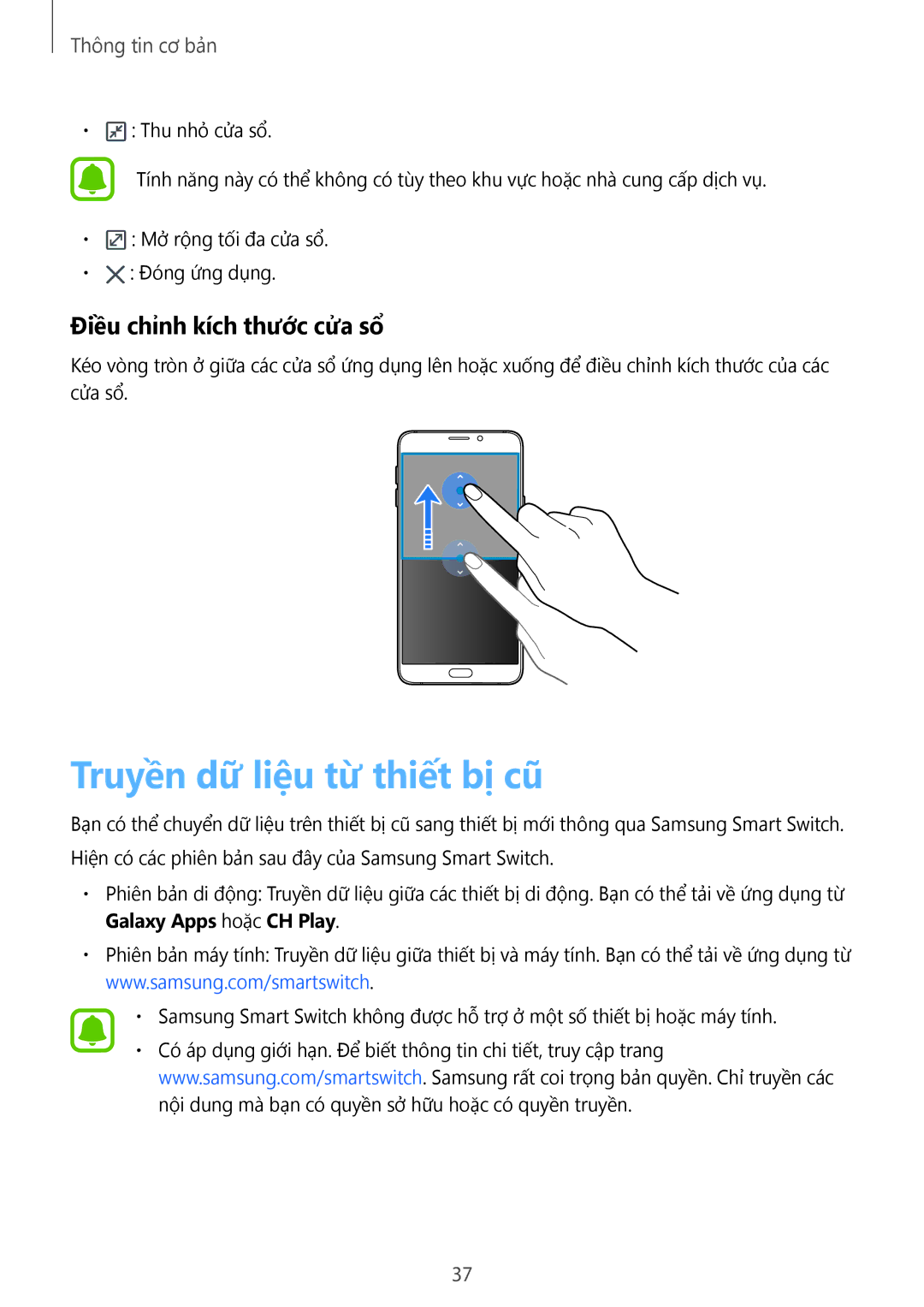 Samsung SM-A510FZKFXXV manual Truyền dữ liệu từ thiết bị cũ, Điều chỉnh kích thước cửa sổ, Galaxy Apps hoặc CH Play 