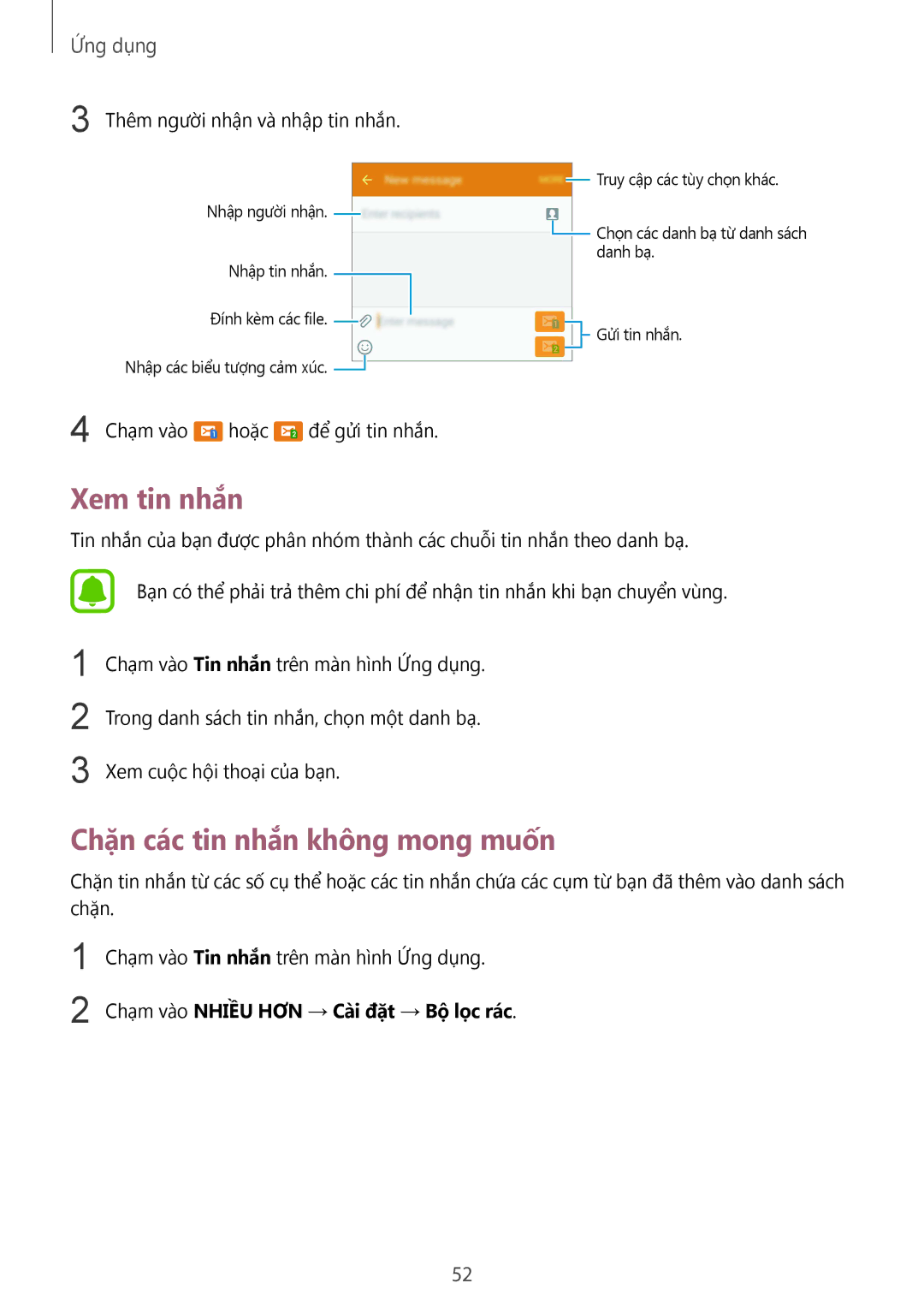 Samsung SM-A510FZKFXXV manual Xem tin nhắn, Chặn các tin nhắn không mong muốn, Chạm vào Tin nhắn trên màn hình Ứng dụng 