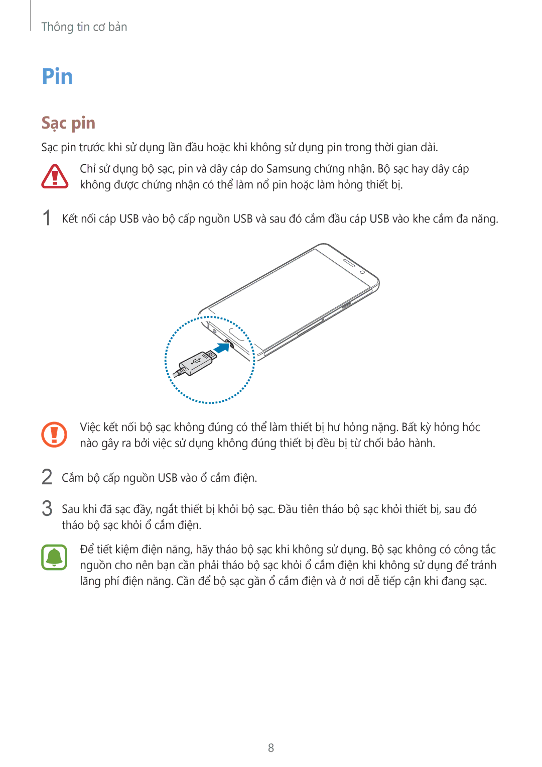 Samsung SM-A510FEDFXXV, SM-A510FZDFXXV, SM-A510FZKFXXV manual Pin, Sạc pin 