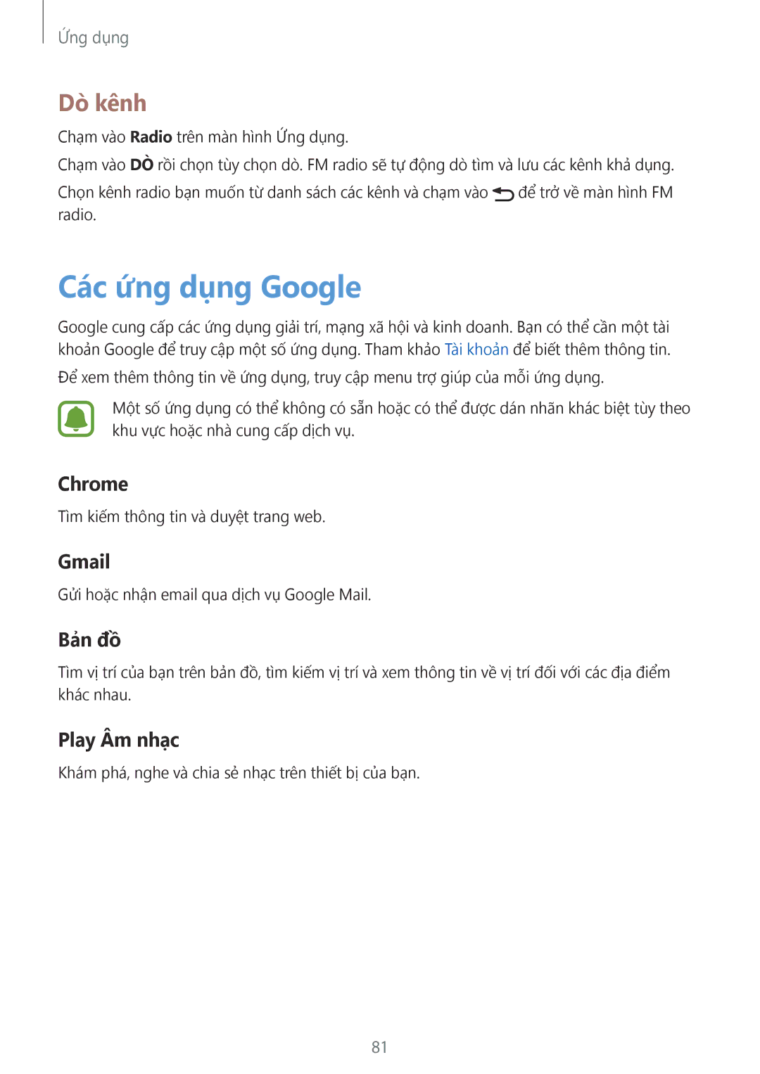 Samsung SM-A510FZDFXXV, SM-A510FZKFXXV, SM-A510FEDFXXV manual Các ứng dụng Google, Dò kênh 