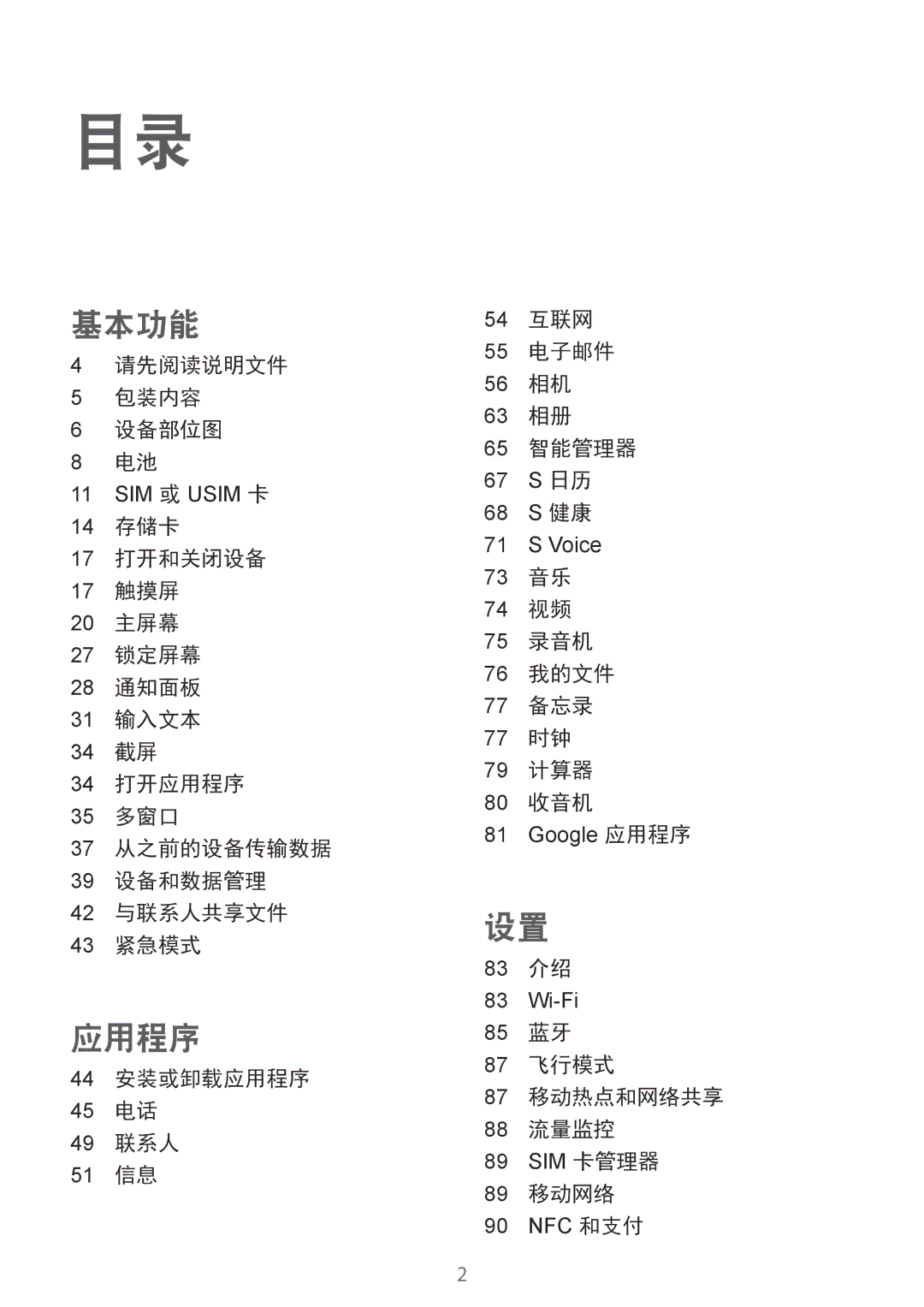 Samsung SM-A510FEDFXXV manual 请先阅读说明文件 包装内容 设备部位图, 73 音乐 74 视频 75 录音机 76 我的文件 77 备忘录 77 时钟 79 计算器 80 收音机, 83 介绍, 89 移动网络 