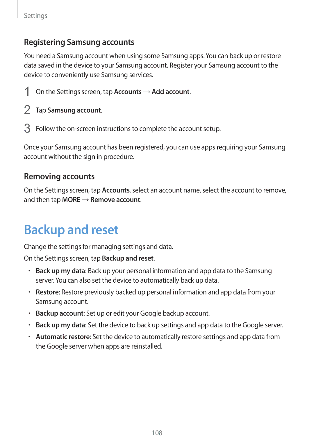 Samsung SM-A510FZKAILO manual Backup and reset, Registering Samsung accounts, Removing accounts, Tap Samsung account 