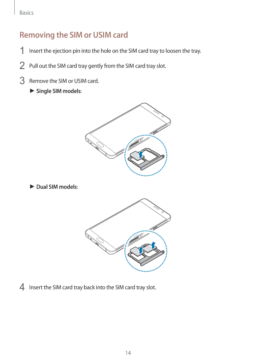 Samsung SM-A510FZKAILO manual Removing the SIM or Usim card, Single SIM models Dual SIM models 