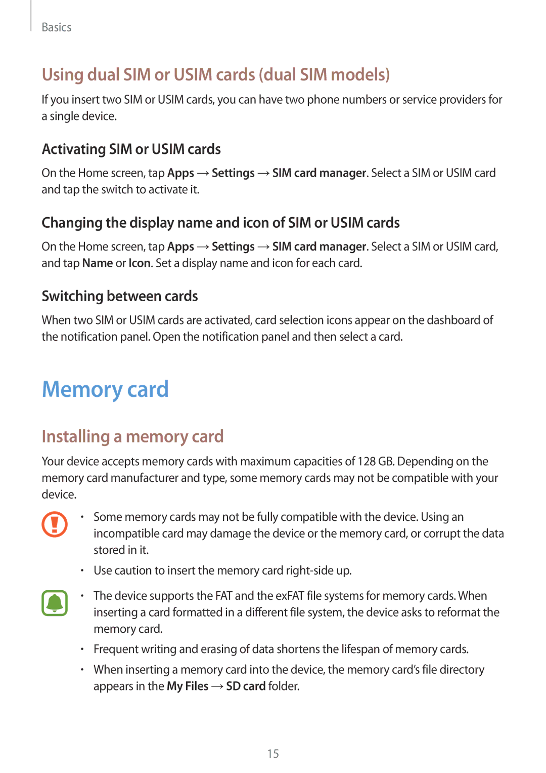 Samsung SM-A510FZKAILO manual Memory card, Using dual SIM or Usim cards dual SIM models, Installing a memory card 