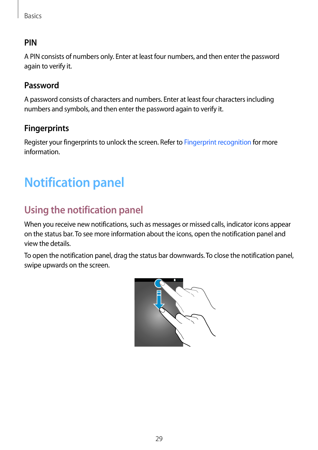 Samsung SM-A510FZKAILO manual Notification panel, Using the notification panel, Password, Fingerprints 