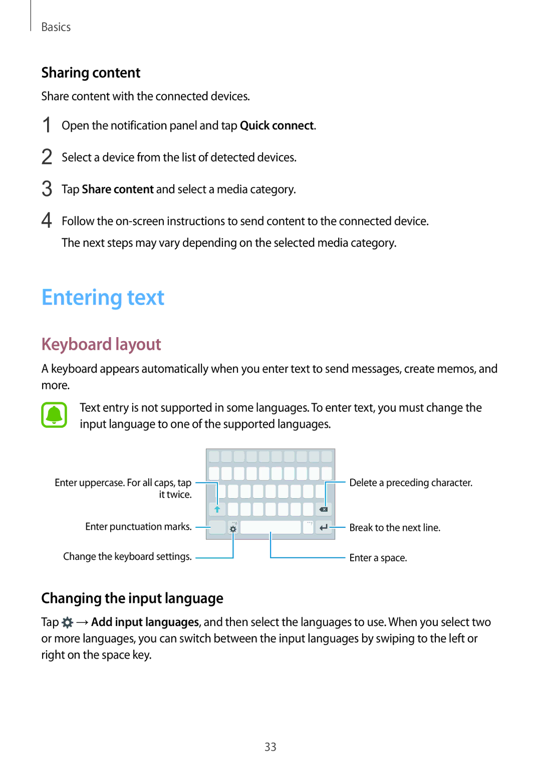 Samsung SM-A510FZKAILO manual Entering text, Keyboard layout, Sharing content, Changing the input language 