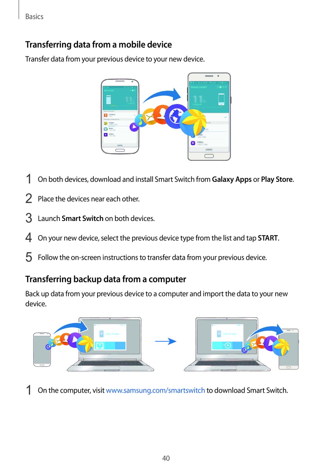 Samsung SM-A510FZKAILO manual Transferring data from a mobile device, Transferring backup data from a computer 