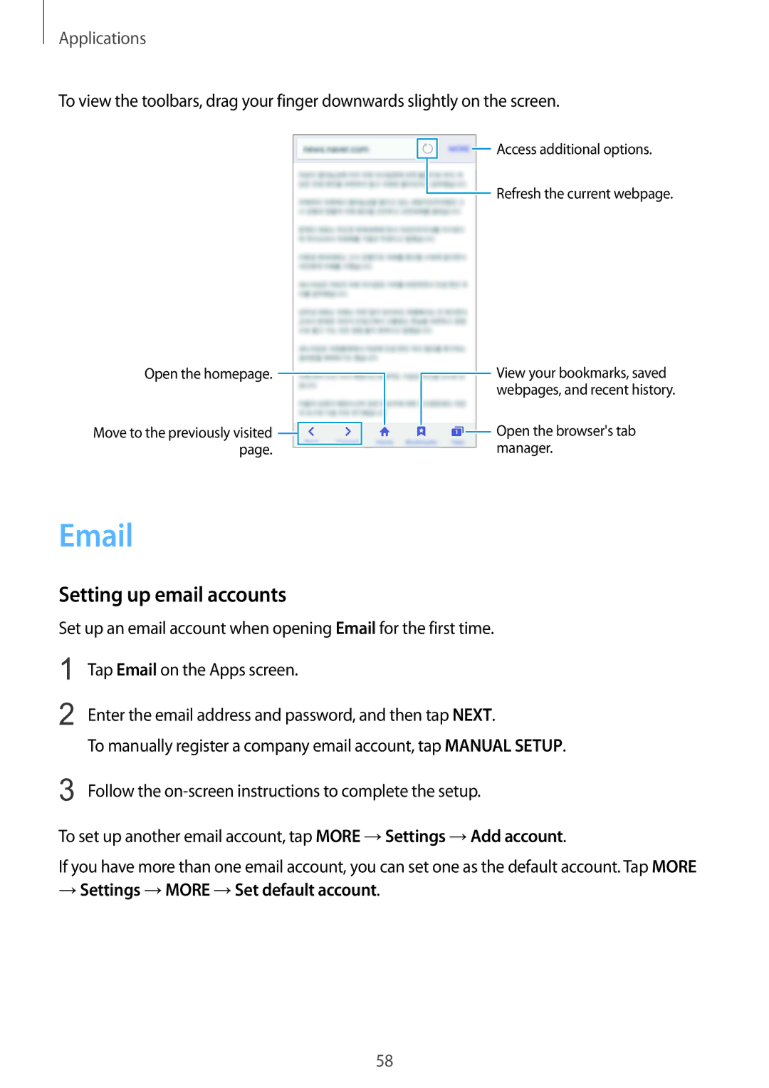 Samsung SM-A510FZKAILO manual Setting up email accounts, → Settings →MORE →Set default account 