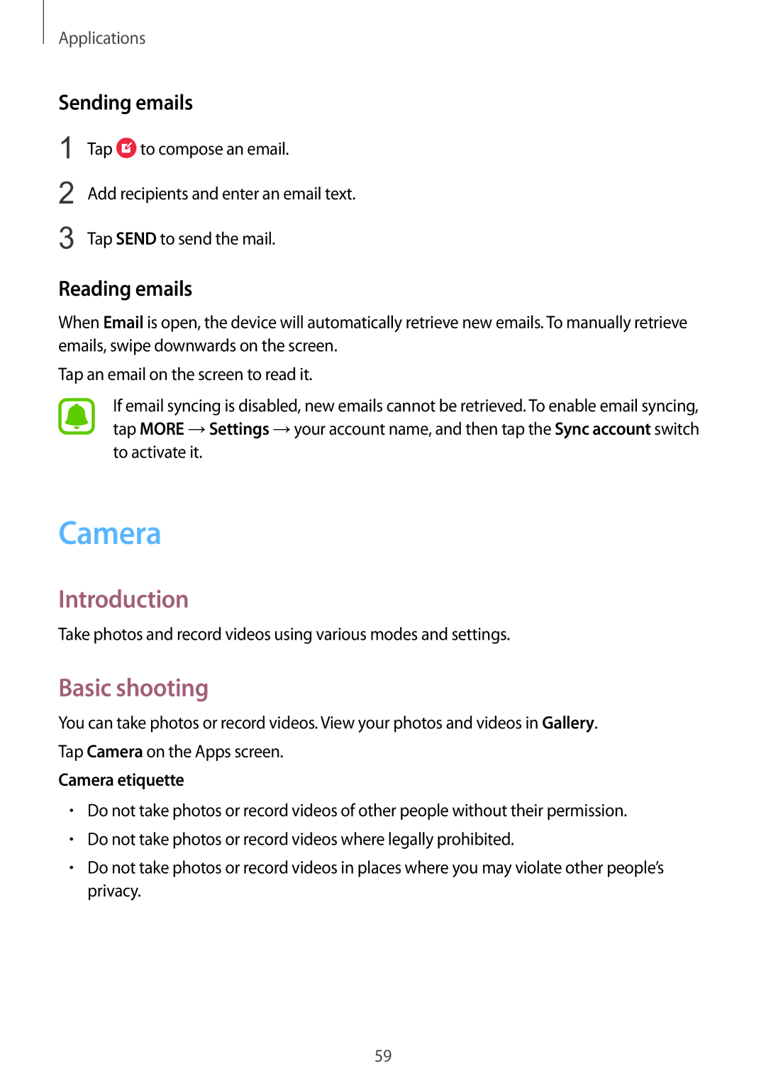 Samsung SM-A510FZKAILO manual Basic shooting, Sending emails, Reading emails, Camera etiquette 