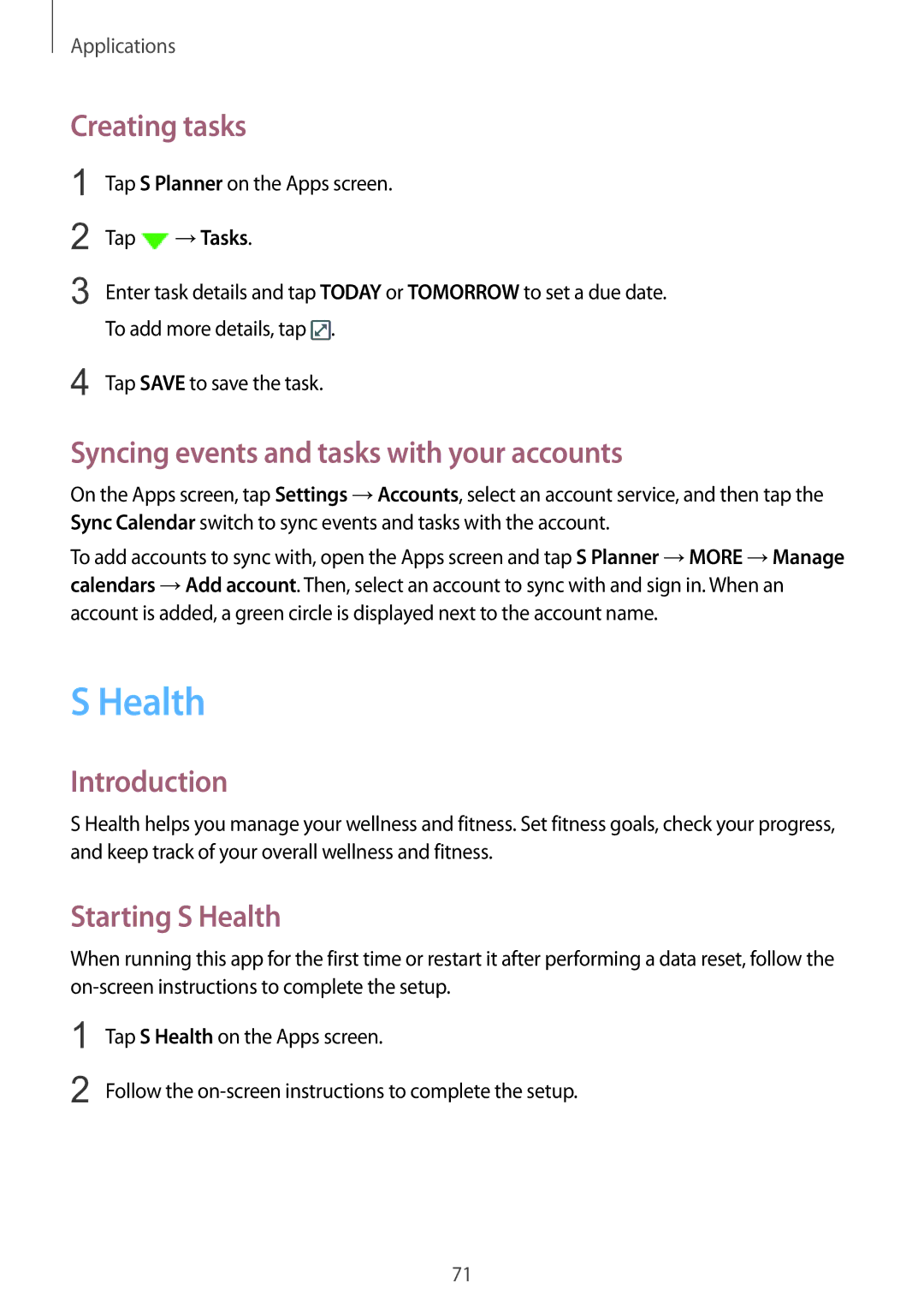 Samsung SM-A510FZKAILO manual Creating tasks, Syncing events and tasks with your accounts, Starting S Health 