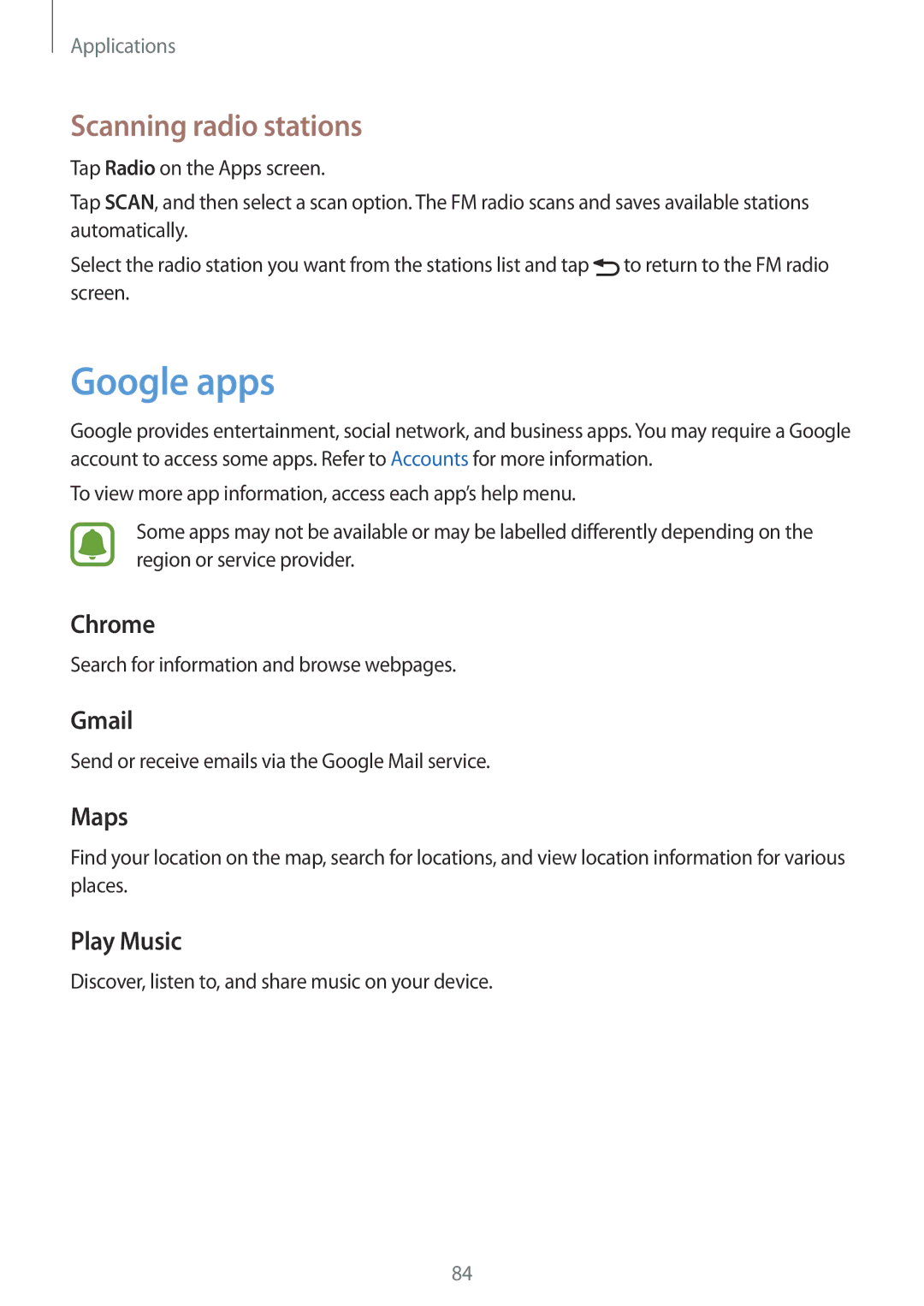 Samsung SM-A510FZKAILO manual Google apps, Scanning radio stations 