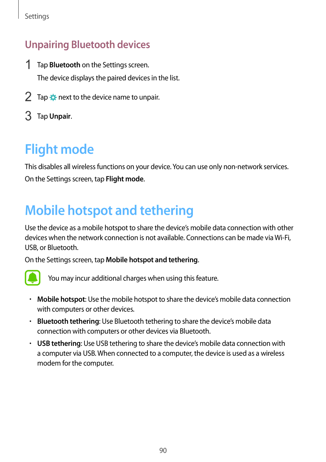 Samsung SM-A510FZKAILO manual Flight mode, Mobile hotspot and tethering, Unpairing Bluetooth devices, Tap Unpair 