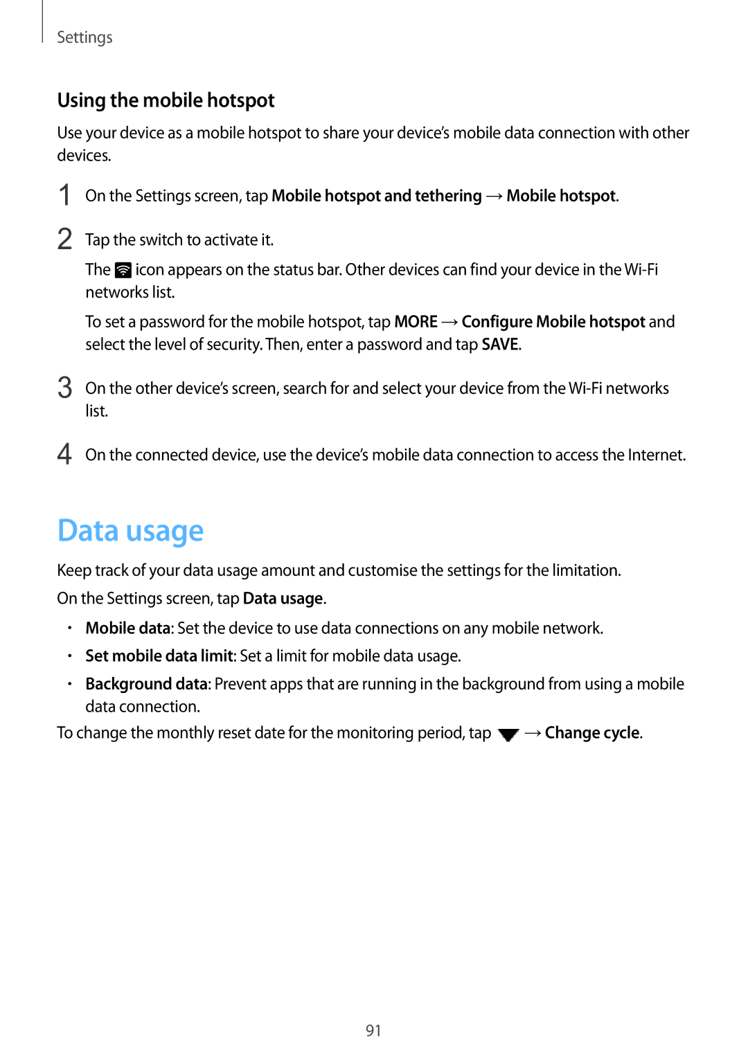 Samsung SM-A510FZKAILO manual Data usage, Using the mobile hotspot 