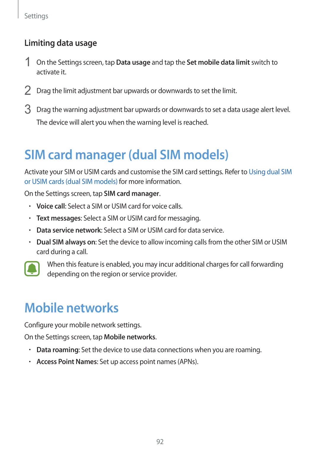 Samsung SM-A510FZKAILO manual SIM card manager dual SIM models, Mobile networks, Limiting data usage 