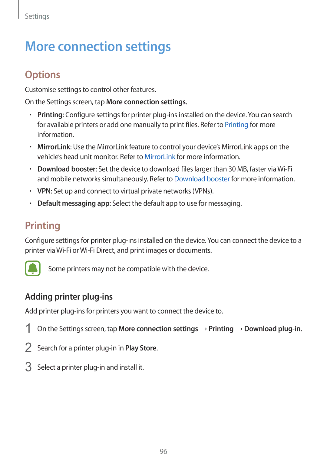 Samsung SM-A510FZKAILO manual More connection settings, Options, Printing, Adding printer plug-ins 