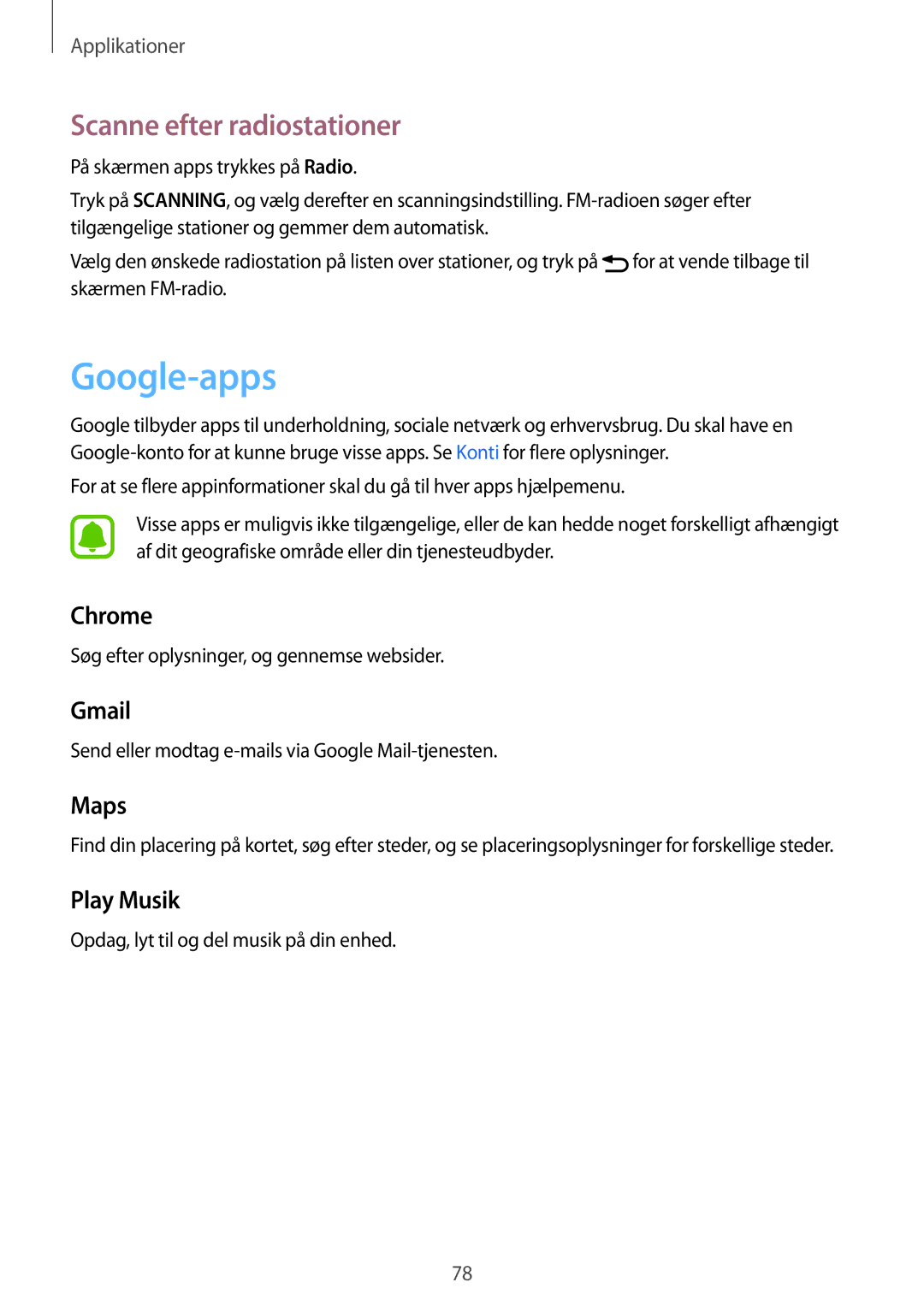 Samsung SM-A510FZKANEE, SM-A510FZWANEE, SM-A510FZDANEE manual Google-apps, Scanne efter radiostationer 