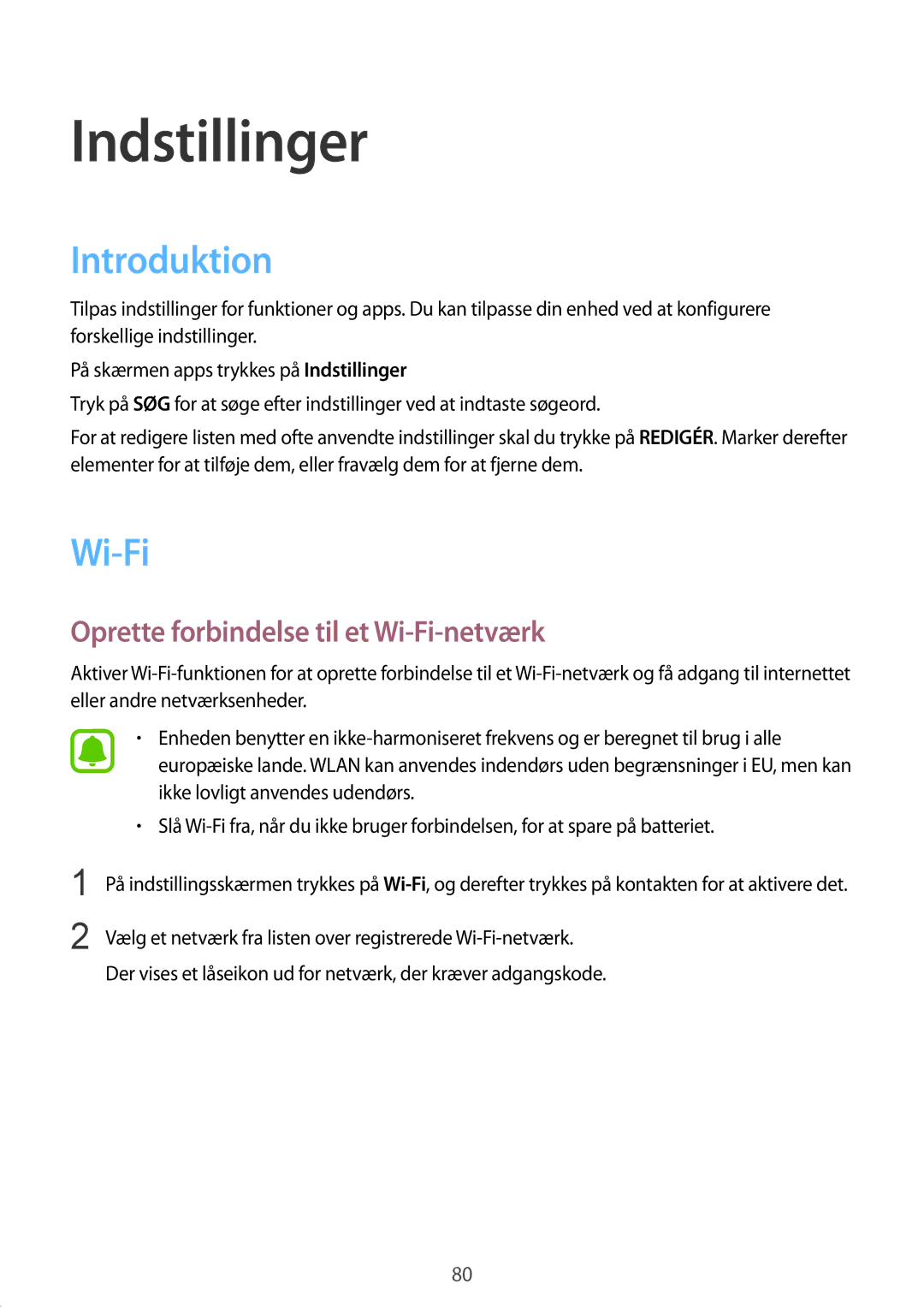 Samsung SM-A510FZDANEE, SM-A510FZKANEE, SM-A510FZWANEE manual Introduktion, Oprette forbindelse til et Wi-Fi-netværk 