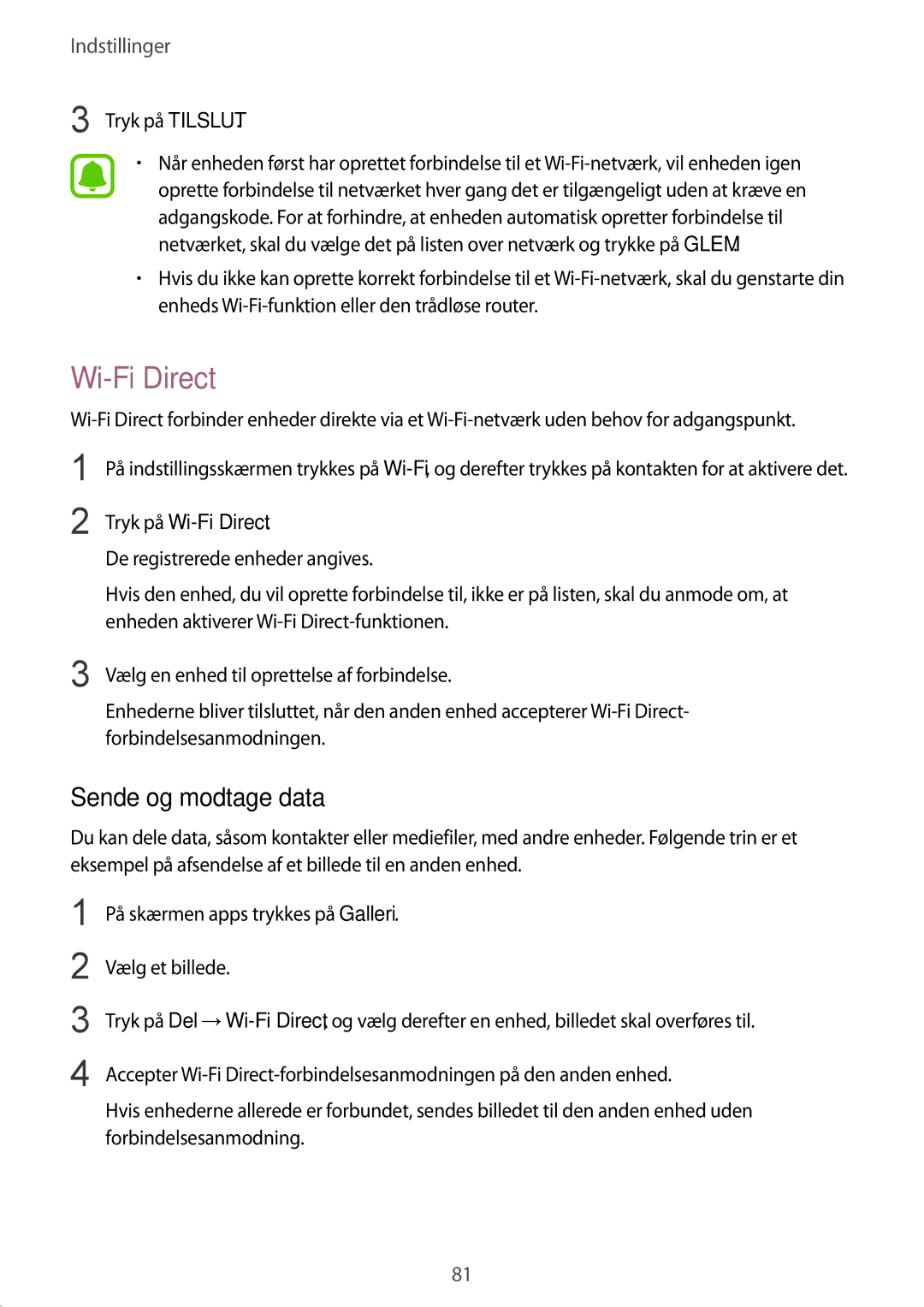 Samsung SM-A510FZKANEE, SM-A510FZWANEE, SM-A510FZDANEE Sende og modtage data, Tryk på Tilslut, Tryk på Wi-Fi Direct 