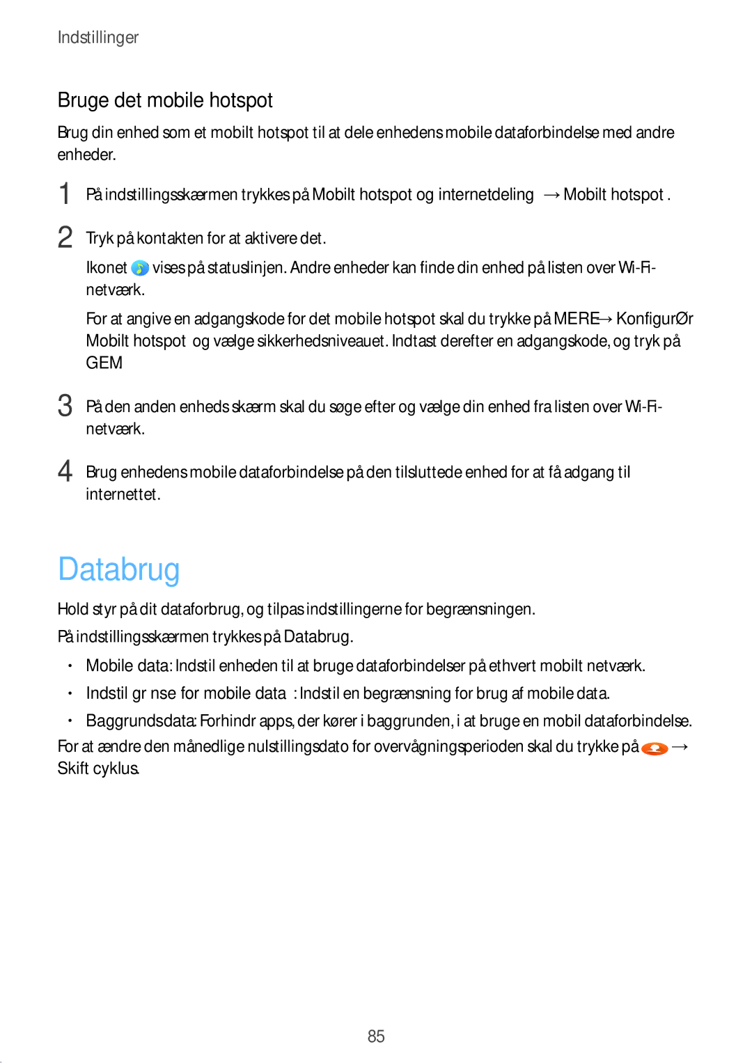 Samsung SM-A510FZWANEE, SM-A510FZKANEE, SM-A510FZDANEE manual Databrug, Bruge det mobile hotspot 
