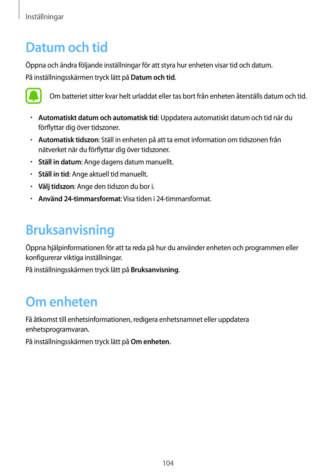 Samsung SM-A510FZDANEE, SM-A510FZKANEE, SM-A510FZWANEE manual Datum och tid, Bruksanvisning, Om enheten 