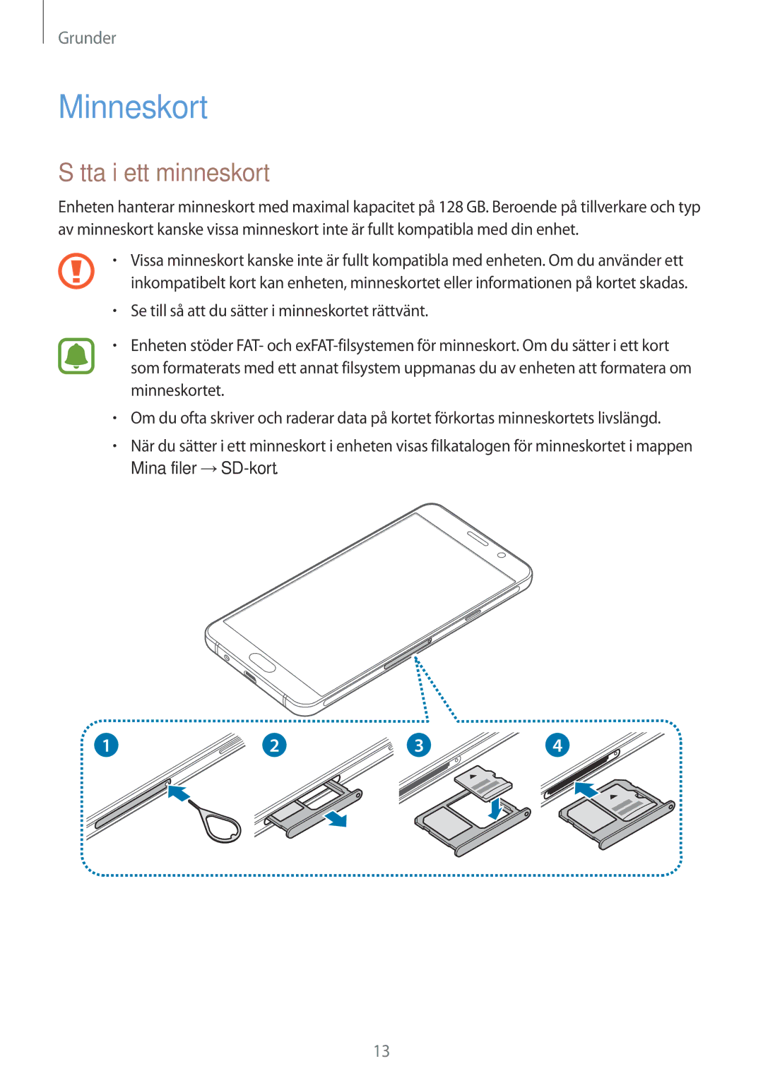 Samsung SM-A510FZWANEE, SM-A510FZKANEE, SM-A510FZDANEE manual Minneskort, Sätta i ett minneskort 