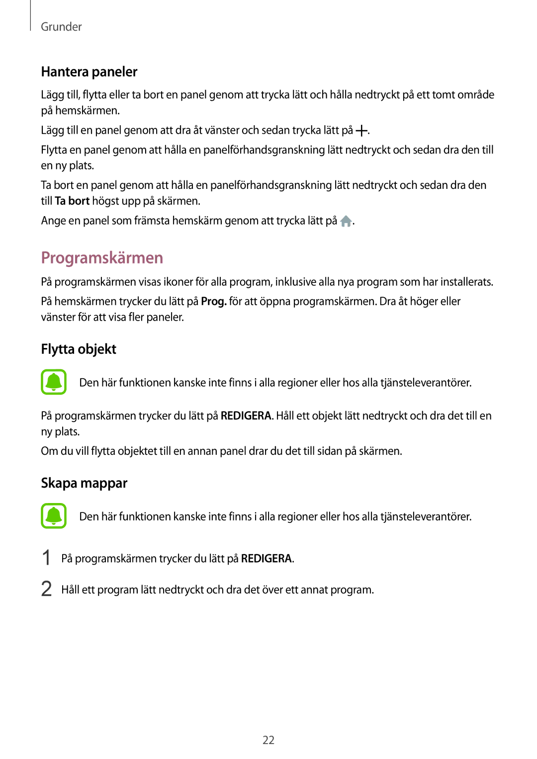 Samsung SM-A510FZWANEE, SM-A510FZKANEE, SM-A510FZDANEE manual Programskärmen, Hantera paneler, Flytta objekt 