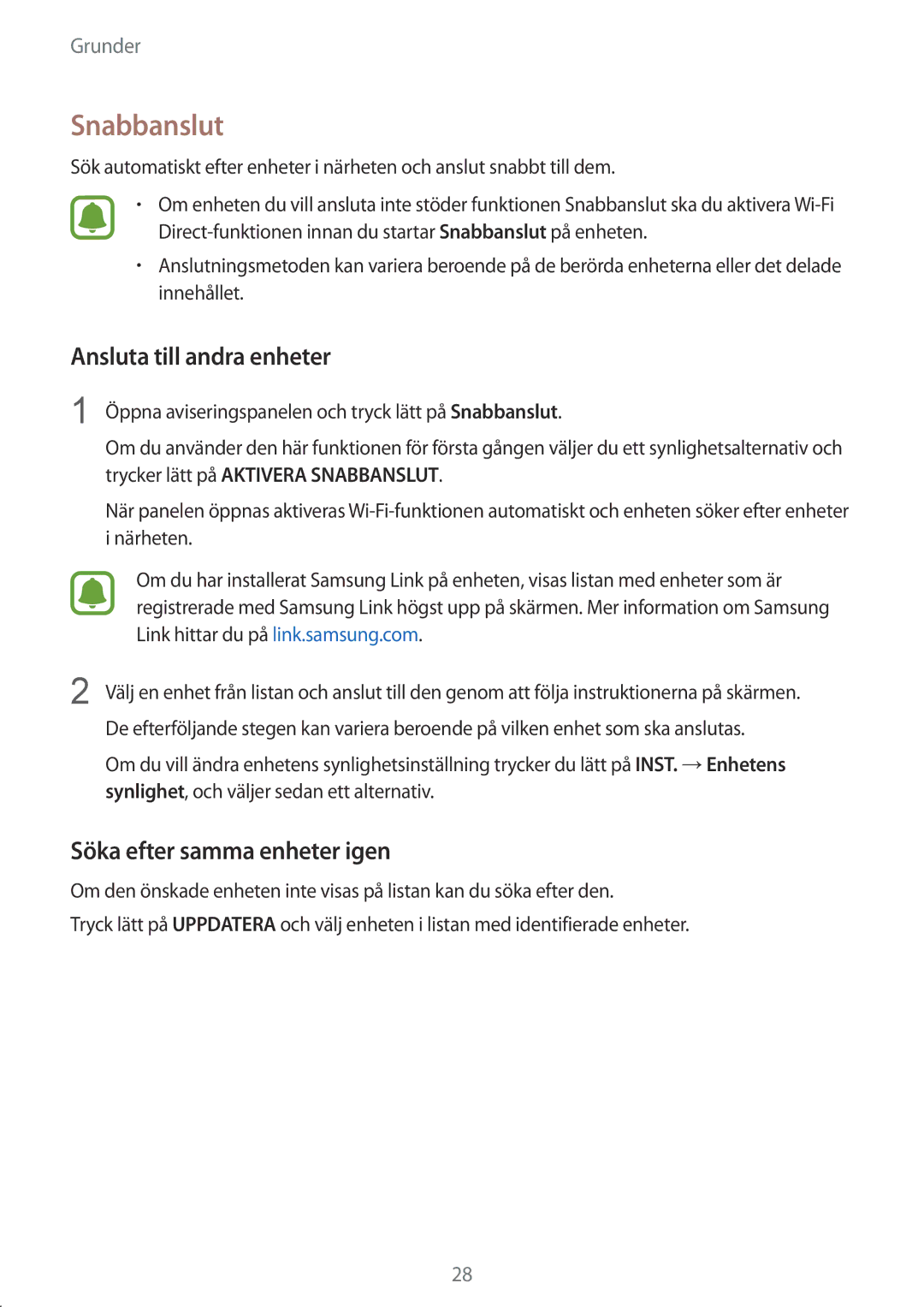 Samsung SM-A510FZWANEE, SM-A510FZKANEE manual Snabbanslut, Ansluta till andra enheter, Söka efter samma enheter igen 