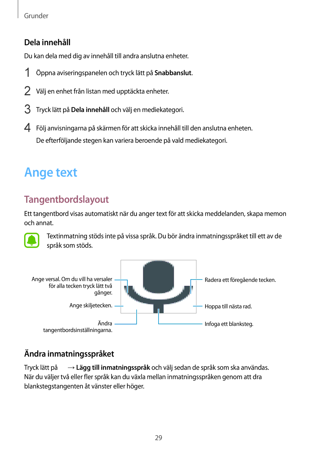 Samsung SM-A510FZDANEE, SM-A510FZKANEE manual Ange text, Tangentbordslayout, Dela innehåll, Ändra inmatningsspråket 