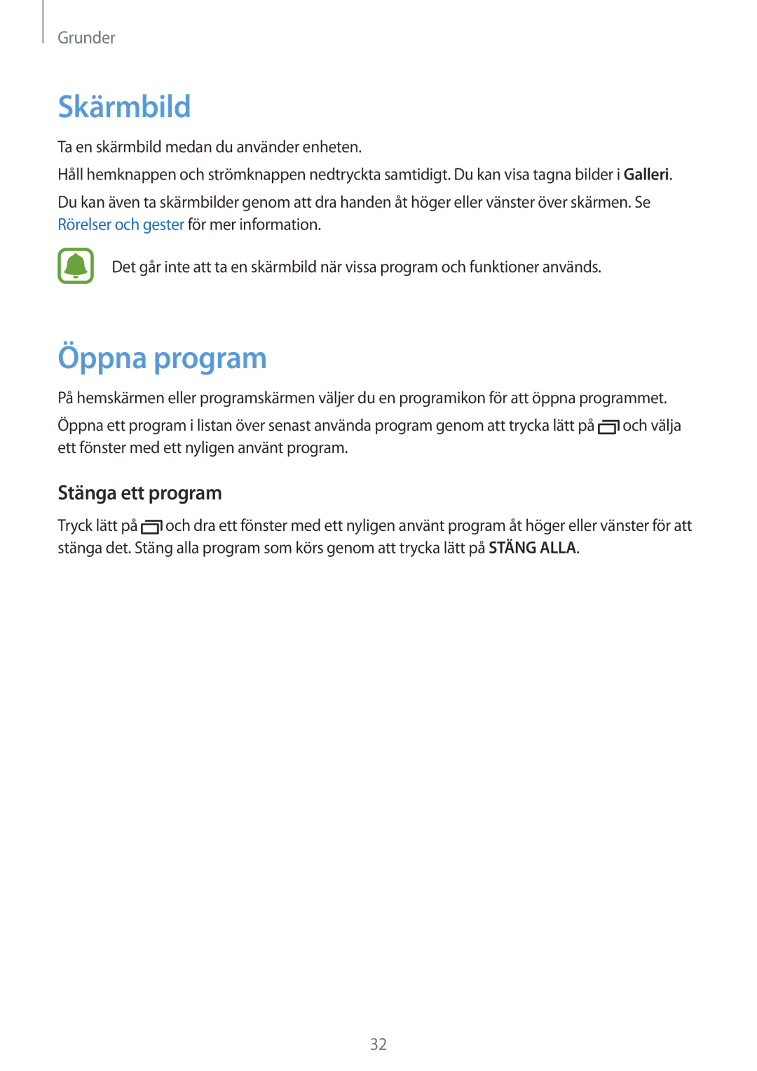 Samsung SM-A510FZDANEE, SM-A510FZKANEE, SM-A510FZWANEE manual Skärmbild, Öppna program, Stänga ett program 