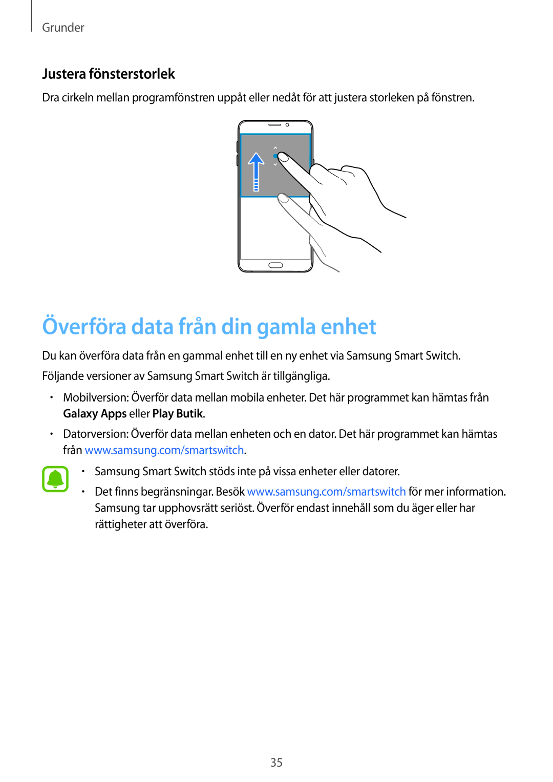 Samsung SM-A510FZDANEE, SM-A510FZKANEE, SM-A510FZWANEE manual Överföra data från din gamla enhet, Justera fönsterstorlek 