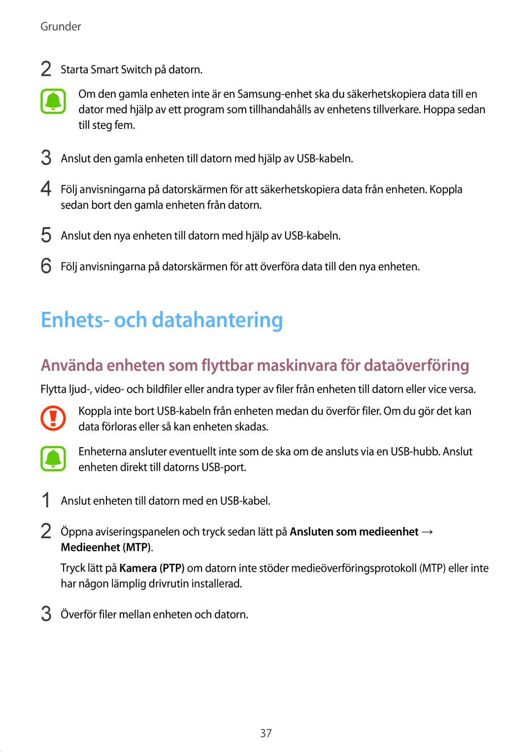 Samsung SM-A510FZWANEE, SM-A510FZKANEE, SM-A510FZDANEE manual Enhets- och datahantering, Medieenhet MTP 