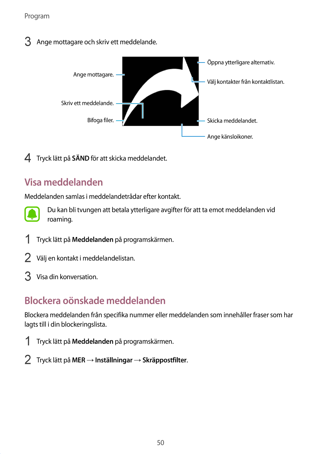 Samsung SM-A510FZDANEE manual Visa meddelanden, Blockera oönskade meddelanden, Ange mottagare och skriv ett meddelande 