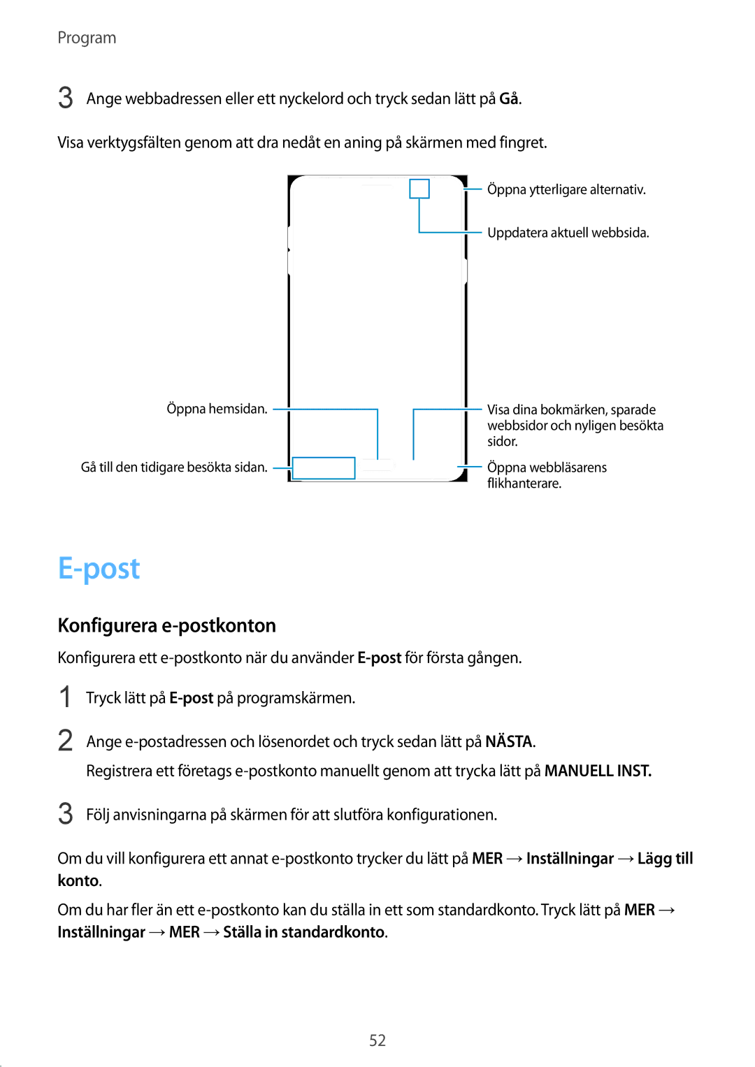 Samsung SM-A510FZWANEE, SM-A510FZKANEE, SM-A510FZDANEE manual Post, Konfigurera e-postkonton 