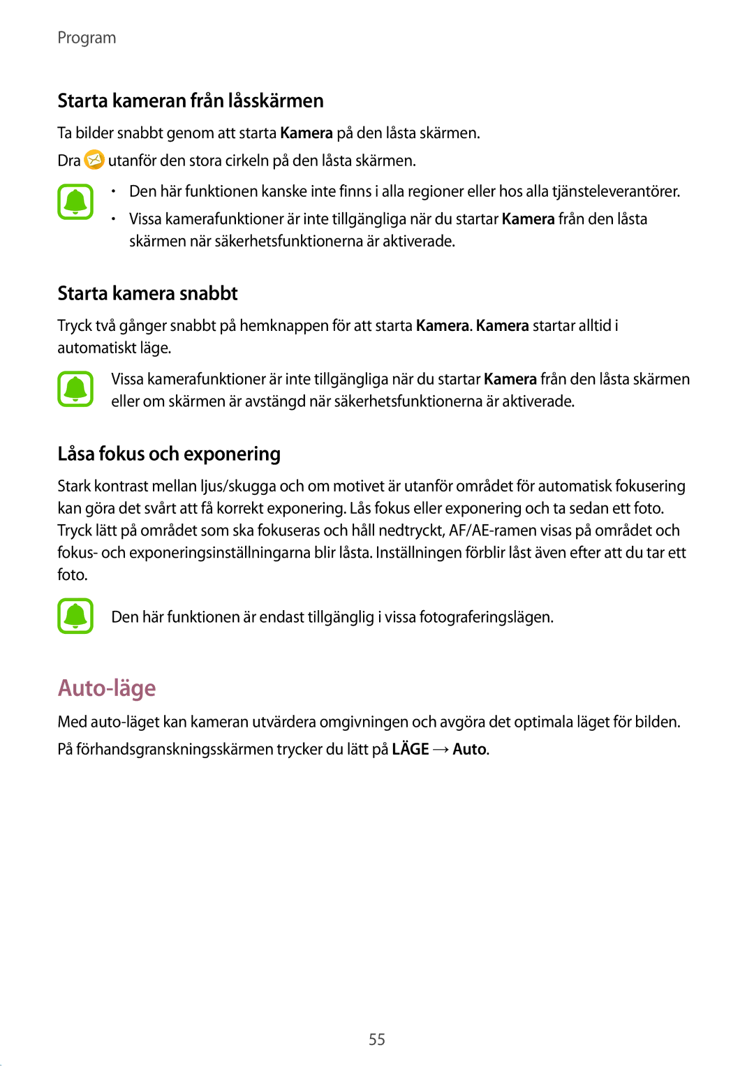 Samsung SM-A510FZWANEE manual Auto-läge, Starta kameran från låsskärmen, Starta kamera snabbt, Låsa fokus och exponering 