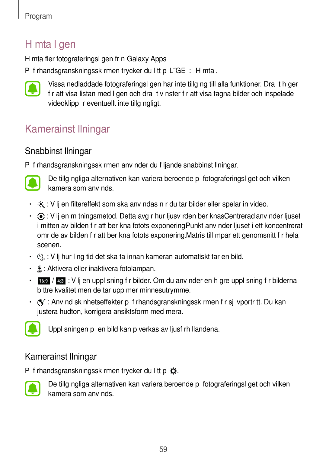 Samsung SM-A510FZDANEE, SM-A510FZKANEE, SM-A510FZWANEE manual Hämta lägen, Kamerainställningar, Snabbinställningar 