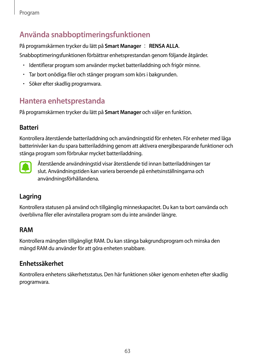 Samsung SM-A510FZKANEE manual Använda snabboptimeringsfunktionen, Hantera enhetsprestanda, Batteri, Lagring, Enhetssäkerhet 