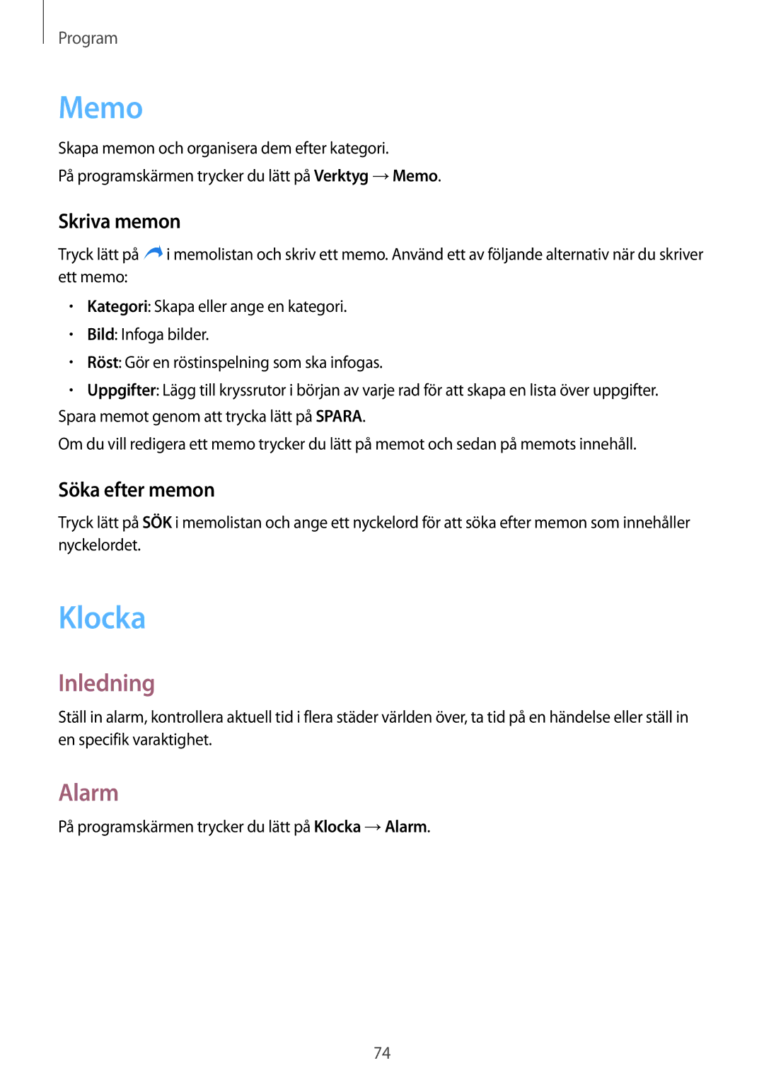 Samsung SM-A510FZDANEE, SM-A510FZKANEE, SM-A510FZWANEE manual Memo, Klocka, Alarm, Skriva memon, Söka efter memon 