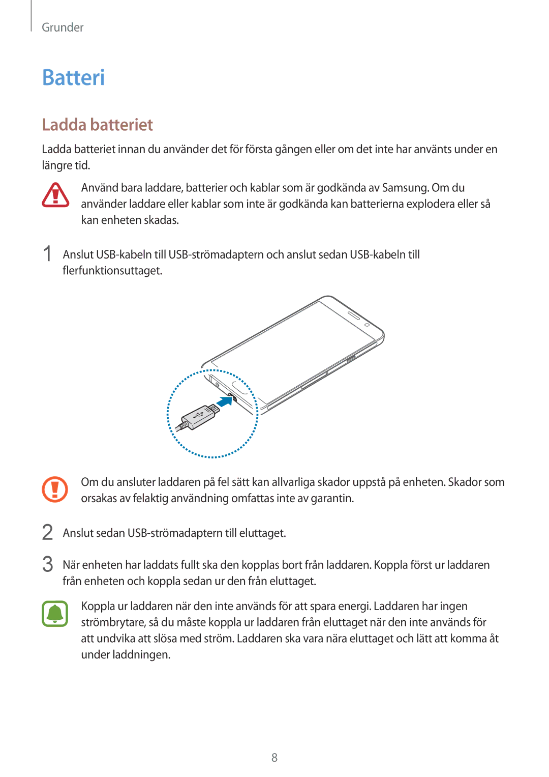 Samsung SM-A510FZDANEE, SM-A510FZKANEE, SM-A510FZWANEE manual Batteri, Ladda batteriet 