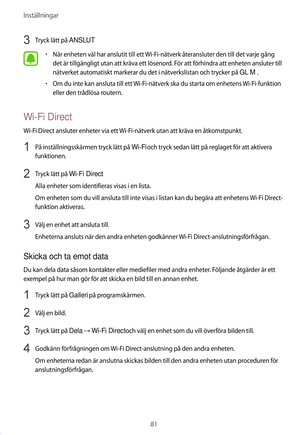 Samsung SM-A510FZKANEE, SM-A510FZWANEE, SM-A510FZDANEE manual Wi-Fi Direct, Skicka och ta emot data, Tryck lätt på Anslut 